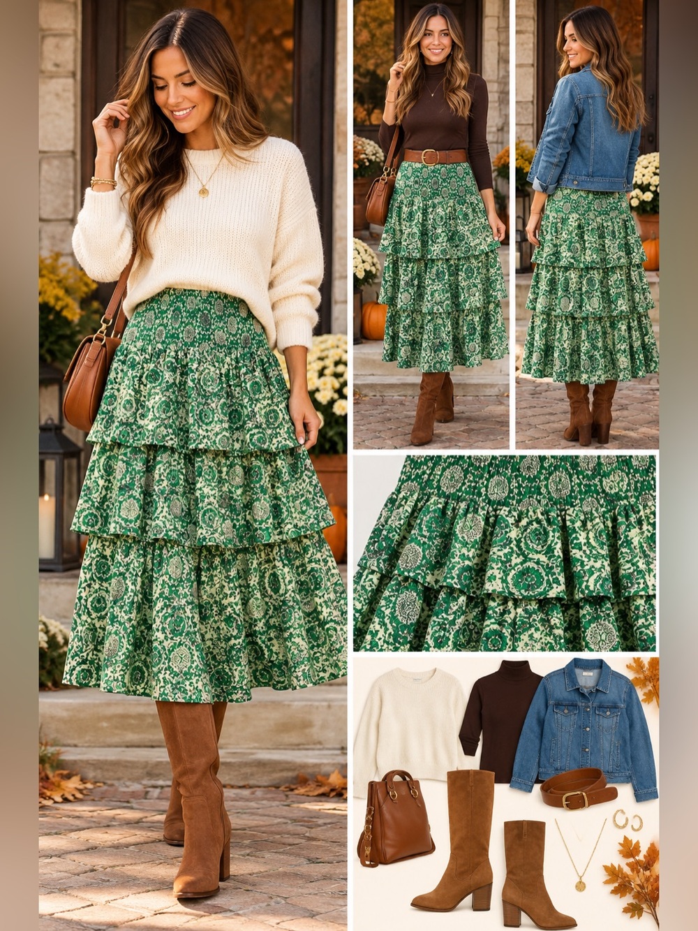House Of Harlow 1960 100% Cotton Green Floral Tiered Skirt sz M Boho cottagecore